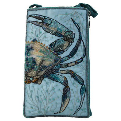 Beaded handbag with image of half a crab in multicolor blues