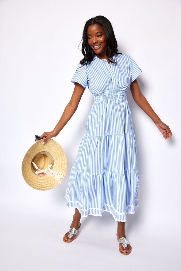 Sail to Sable Cinched Waist Midi Dress - Blue White Stripe