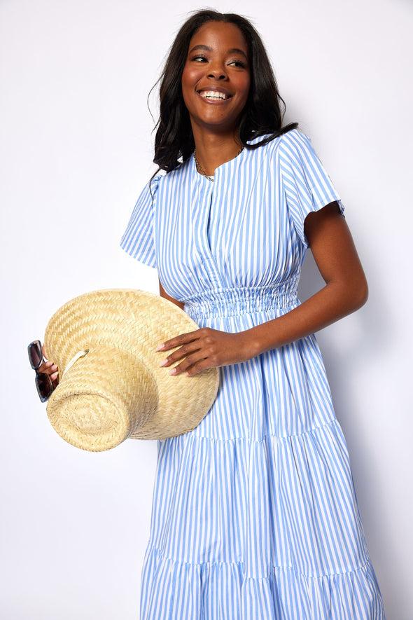 Sail to Sable Cinched Waist Midi Dress - Blue White Stripe