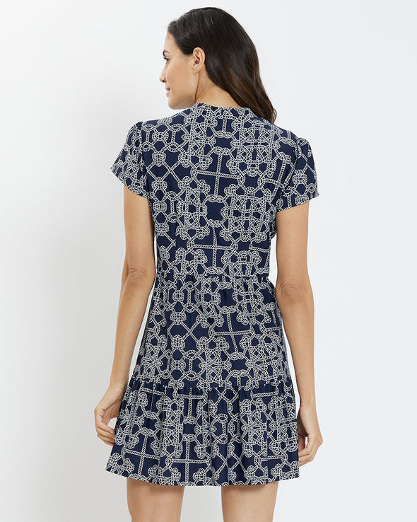 Back view of model in the Jude Connally Emerson Dress - Lattice Ropes Navy