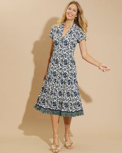 Jude Connally Libby Dress - Floral Border Cream Navy