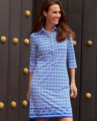 Jude Connally Susanna Dress - Terrace Geo Border Beacon Blue