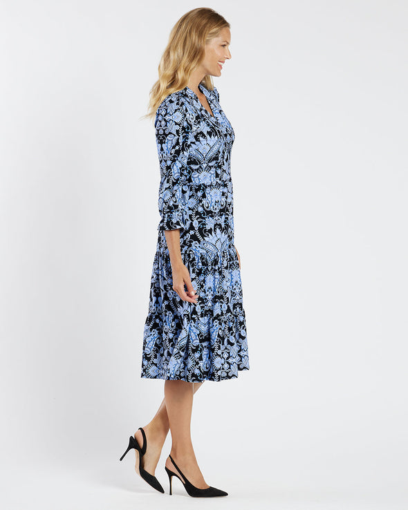 Side view of model in the Jude Connally Maggie Dress - Paisley Amore Black