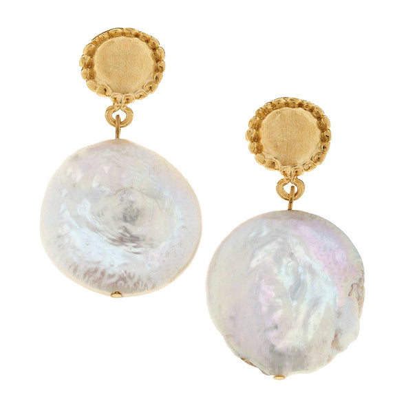 Susan Shaw Large Coin Pearl Drop Earrings