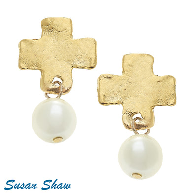 Susan Shaw Cross with Glass Pearl Earrings