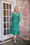 Outdoor model in the Katelyn dress in emerald