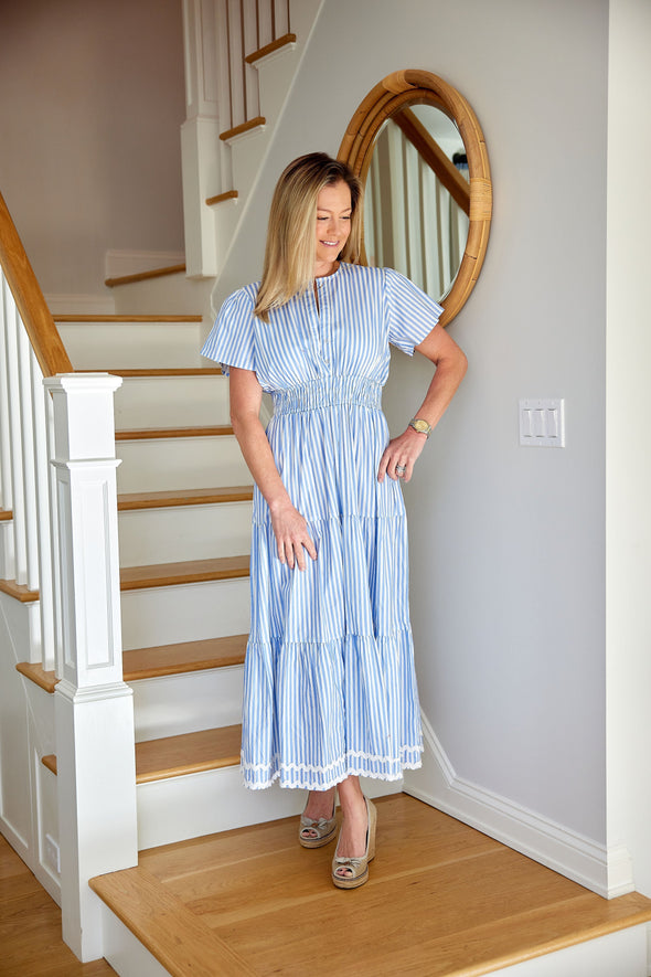 Sail to Sable Cinched Waist Midi Dress - Blue White Stripe