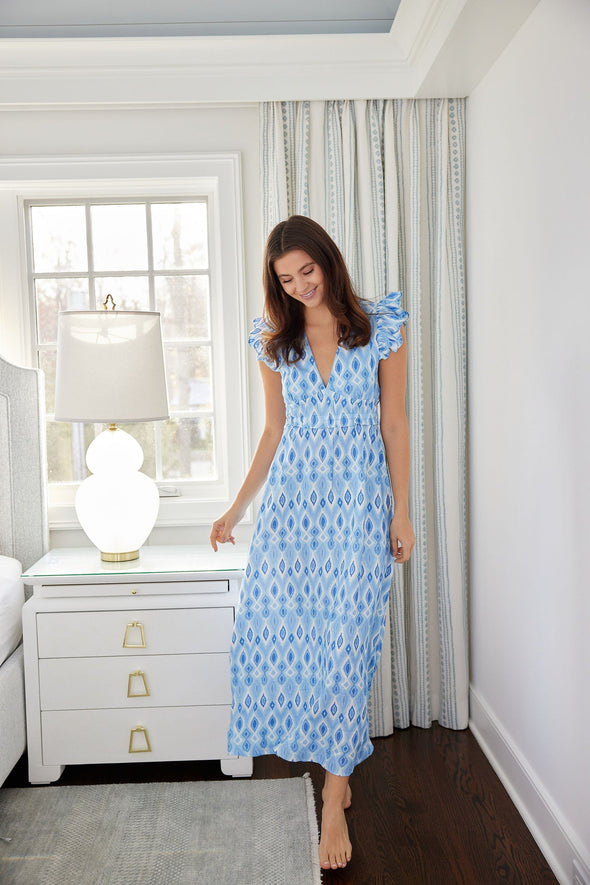 Sail to Sable Flutter Sleeve V-Neck Midi Dress - Blue Ikat