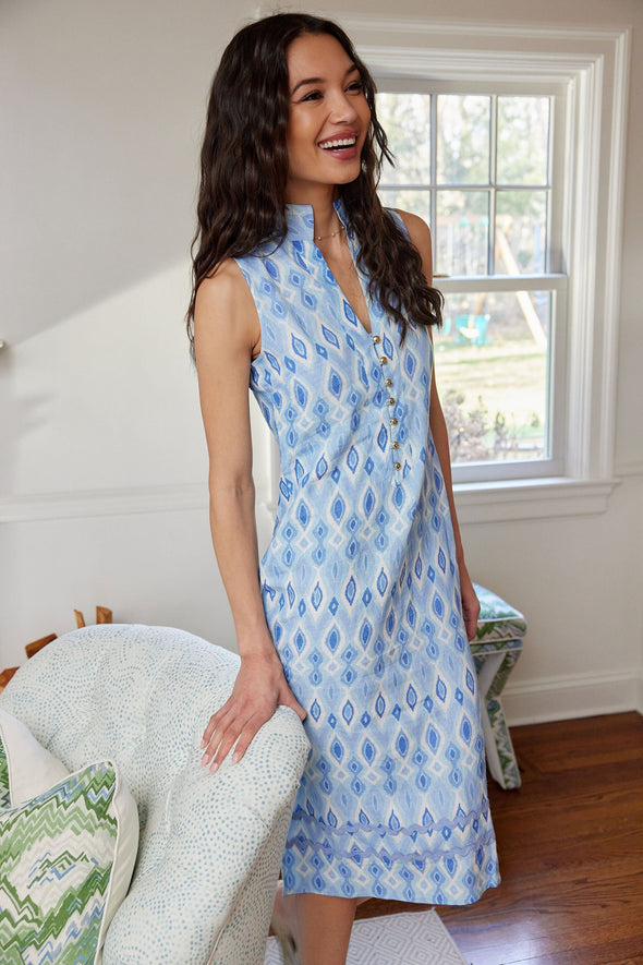 Sail to Sable Sleeveless Button Front Midi Dress - Blue Ikat