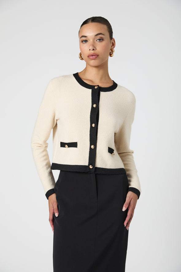 French Connection Vhari Contrast Cardigan - Cream/Black