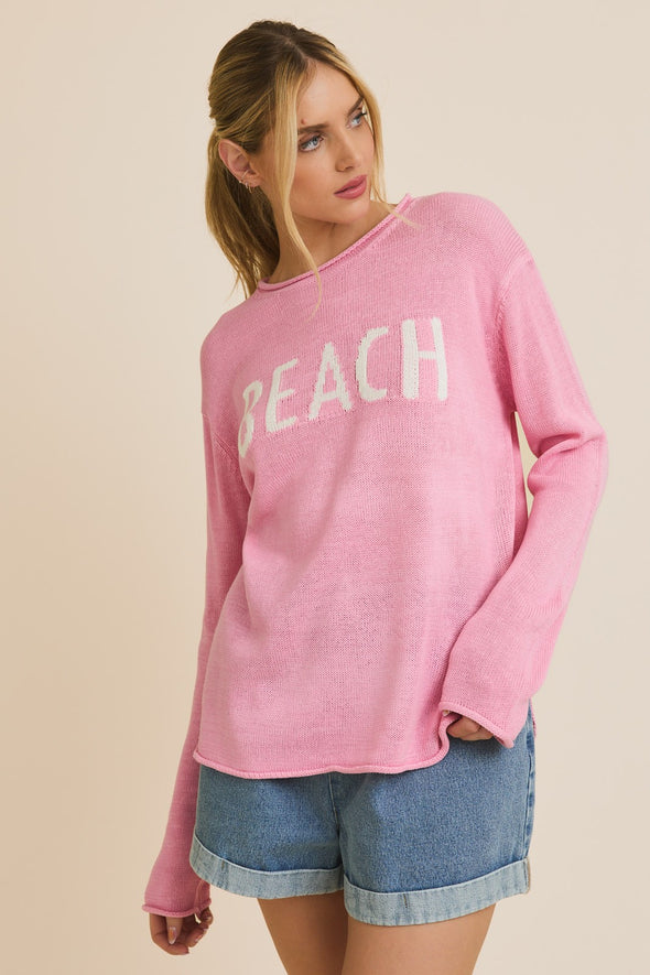 "Beach" Long Sleeve Top - Pink/White