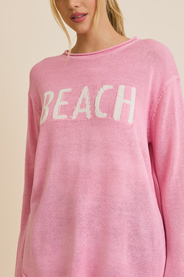 "Beach" Long Sleeve Top - Pink/White