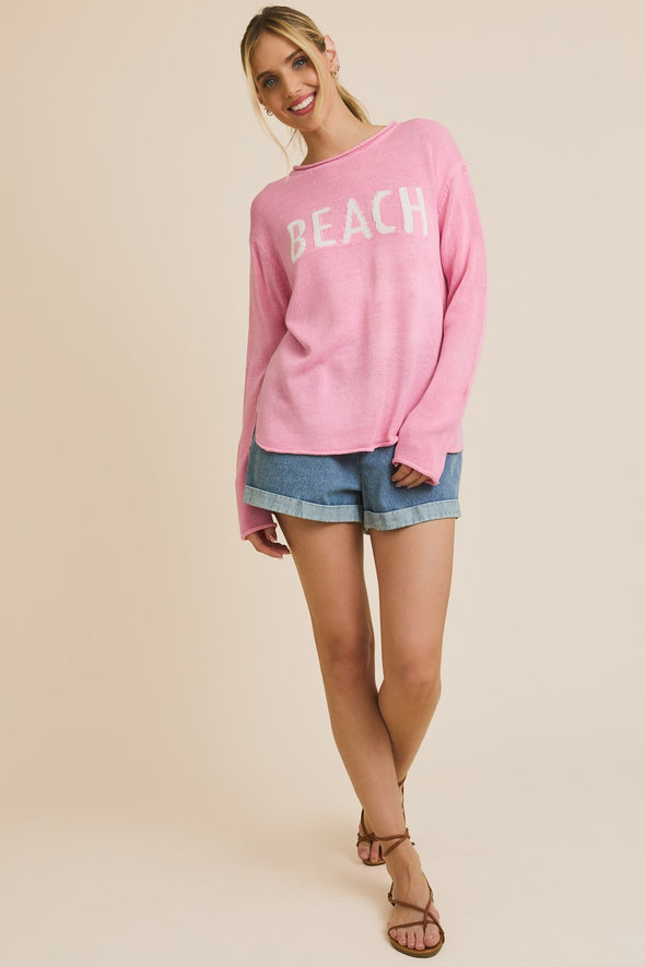 "Beach" Long Sleeve Top - Pink/White