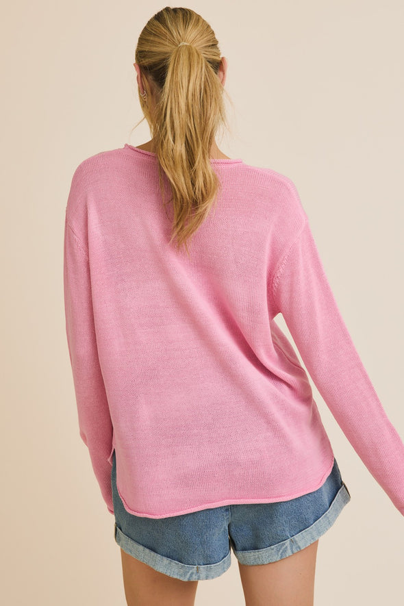 "Beach" Long Sleeve Top - Pink/White