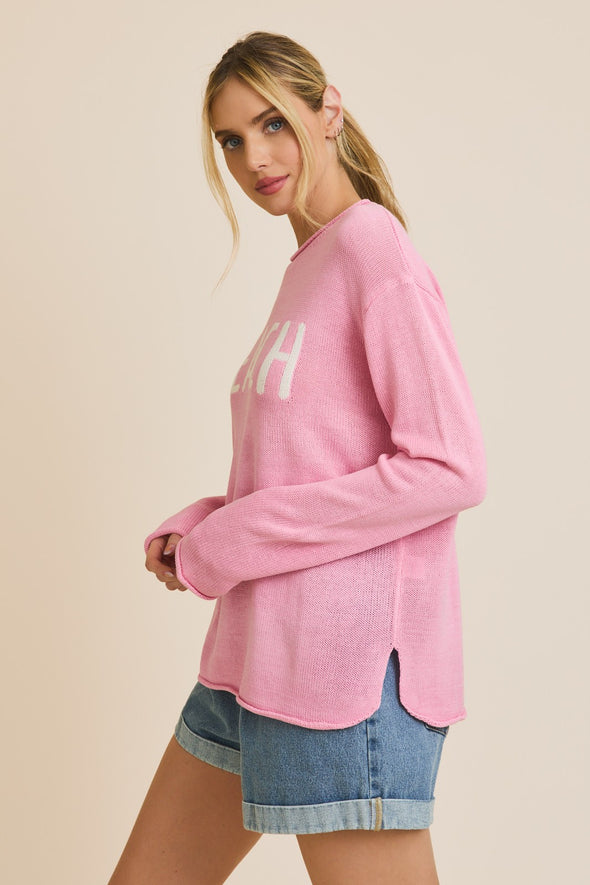 "Beach" Long Sleeve Top - Pink/White