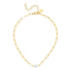 Gold paperclip necklace with a pearl in the middle of the chain