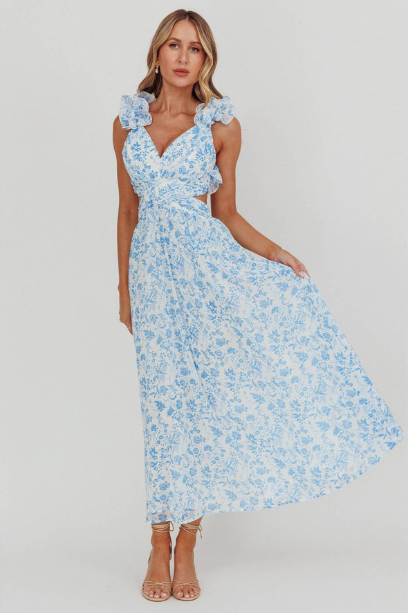 Nantucket Ruffle Floral Maxi Dress - Blue