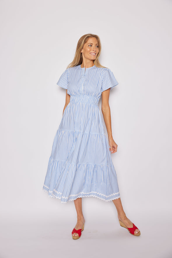 Sail to Sable Cinched Waist Midi Dress - Blue White Stripe