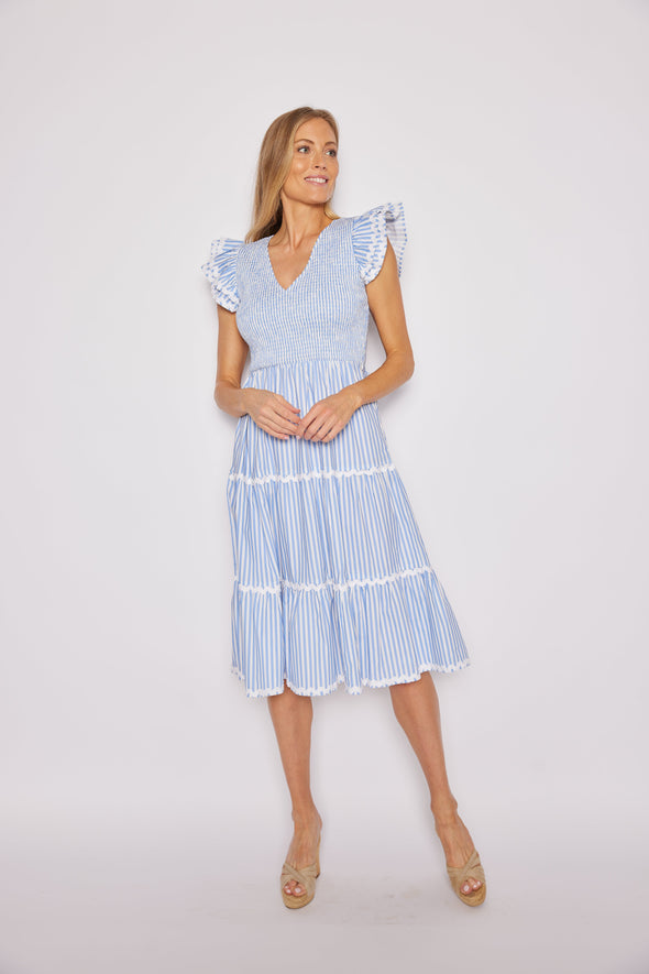 Sail to Sable Flutter Sleeve V-Neck Midi Dress - Blue White Stripe