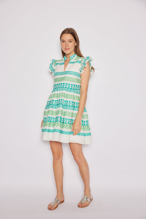 Sail to Sable Flutter Sleeve Flare Dress - Green Jacquard