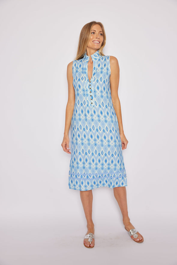 Sail to Sable Sleeveless Button Front Midi Dress - Blue Ikat