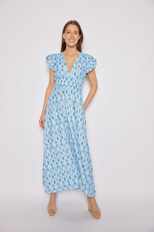 Sail to Sable Flutter Sleeve V-Neck Midi Dress - Blue Ikat