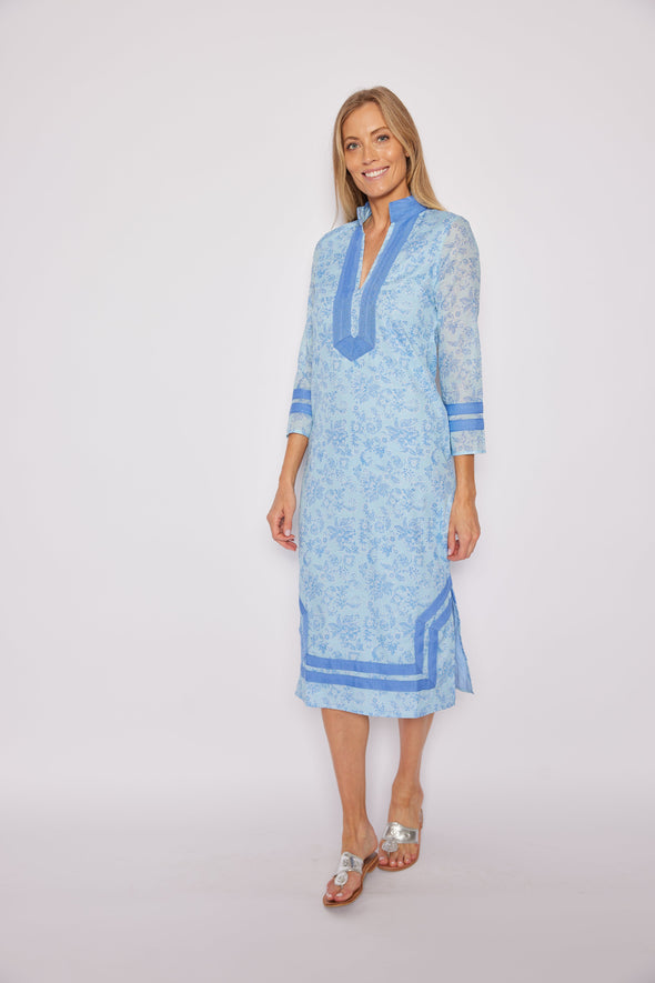 Sail to Sable Long Sleeve Classic Tunic Midi Dress - Sky Baroque Floral