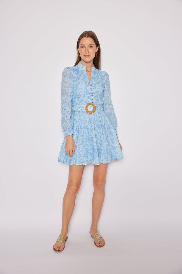 Sail to Sable Long Sleeve Floral Belted Dress - Sky Baroque