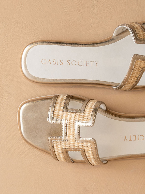 The Ena H Cutout Raffia Slide - Gold