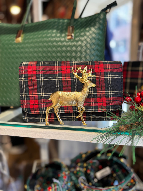 Lisi Lerch Ruby Red Plaid Clutch - Gold Reindeer