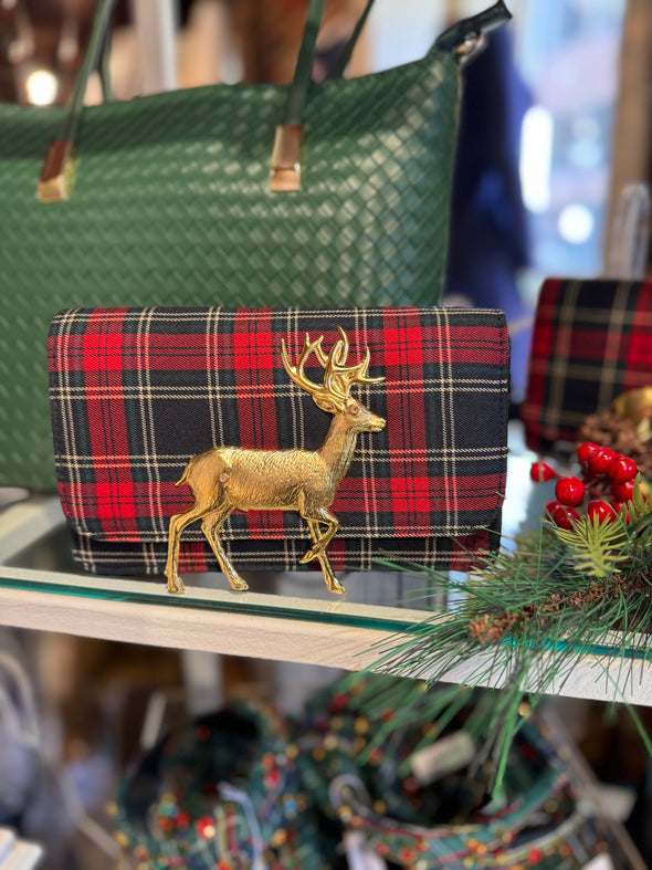 Lisi Lerch Ruby Red Plaid Clutch - Gold Reindeer