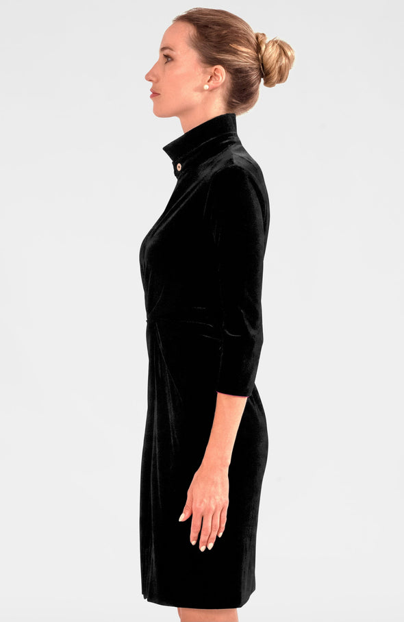 Side view of the Gretchen Scott Twist & Shout Dress - Silky Velvet - Black