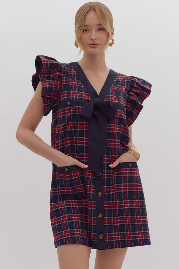 The Cutest holiday Plaid Tweed Dress with bow accents!