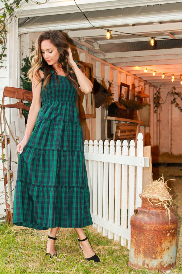 J. Marie Joy Ruffle Strap Midi Dress - Hunter Green Gingham