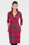 Model in the Gretchen Scott Everywhere Dress - red plaid dress with 3/4 sleeves and a button collar