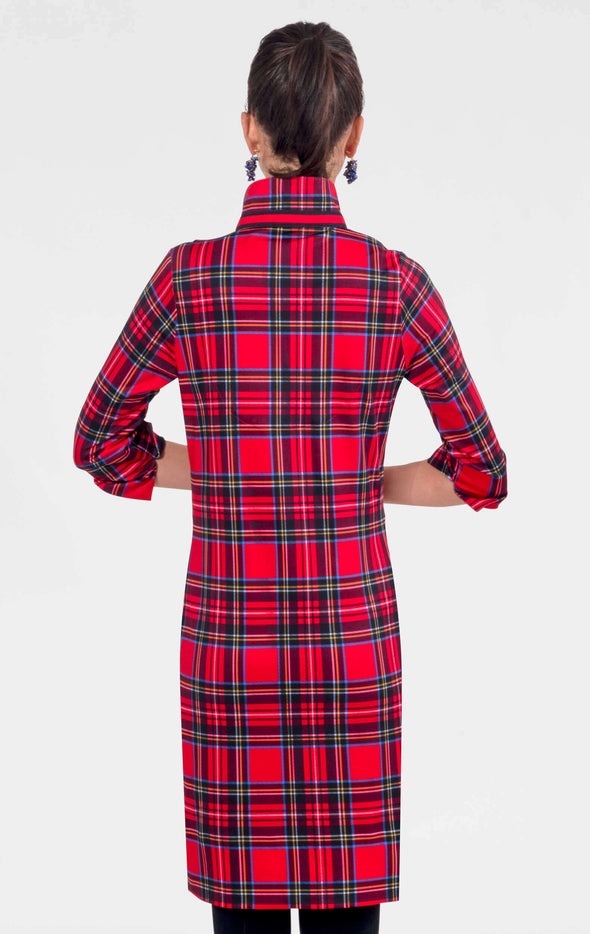 Back view of the Gretchen Scott Everywhere Dress- red plaid dress with a popped collar