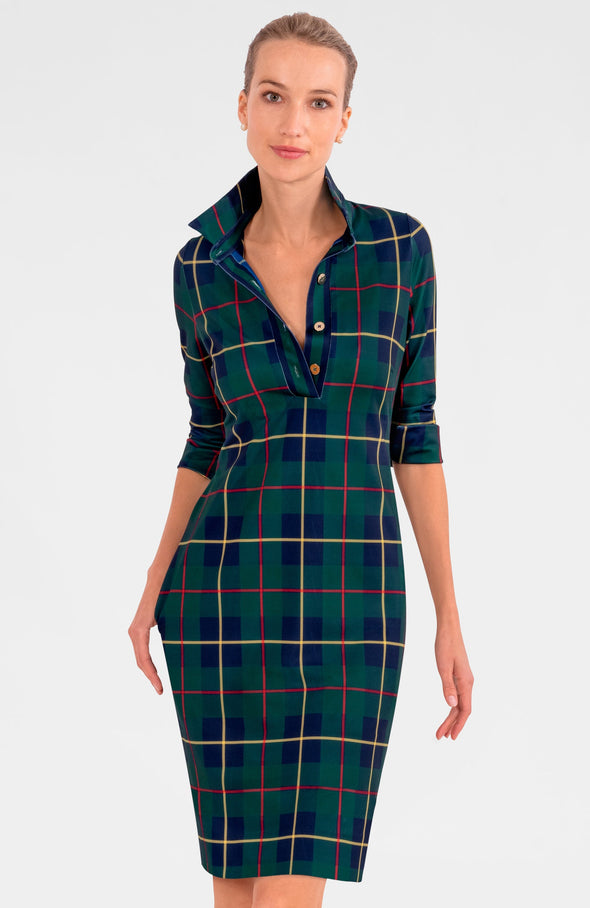 Front view of the Gretchen Scott Everywhere Dress. A knee length shirt dress with a button up collar and 3/4 sleeves 