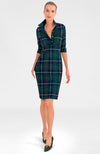 Full body view of the GS Everywhere Dress. Knee length green plaid dress with 3/4 sleeves and a popped collar