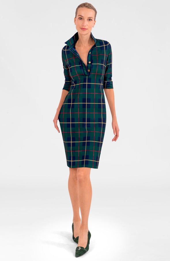 Full body view of the GS Everywhere Dress. Knee length green plaid dress with 3/4 sleeves and a popped collar