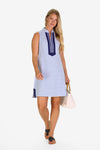 Front view of model in the Duffield Lane Mackinac Dress - Blue Sky & White Stripe