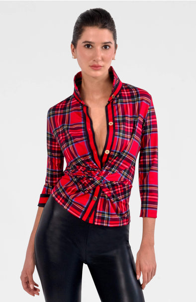 Model in the Gretchen Scott Twist & Shout Top - Duke of York - Red Multi