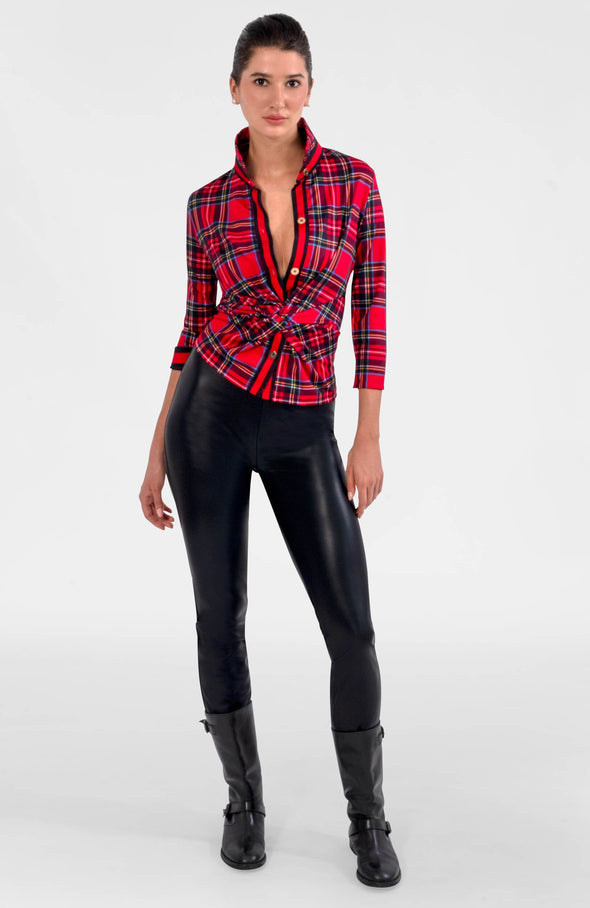 Full body view of the Gretchen Scott Twist & Shout Top - Duke of York - Red Multi