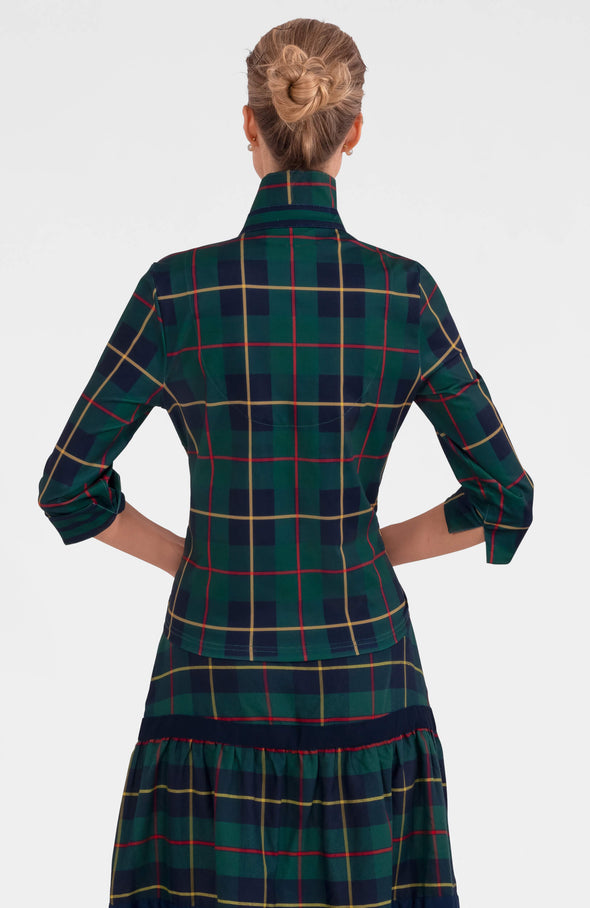 Back view of the GS Twist and Shout top with a matching green plaid skirt