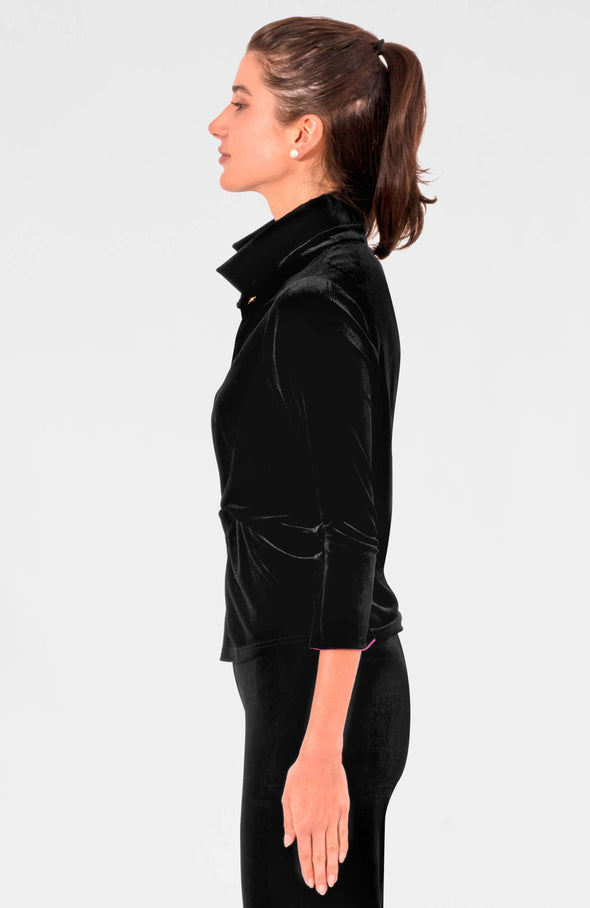 Side view of the Gretchen Scott Twist & Shout Top - Silky Velvet - Black