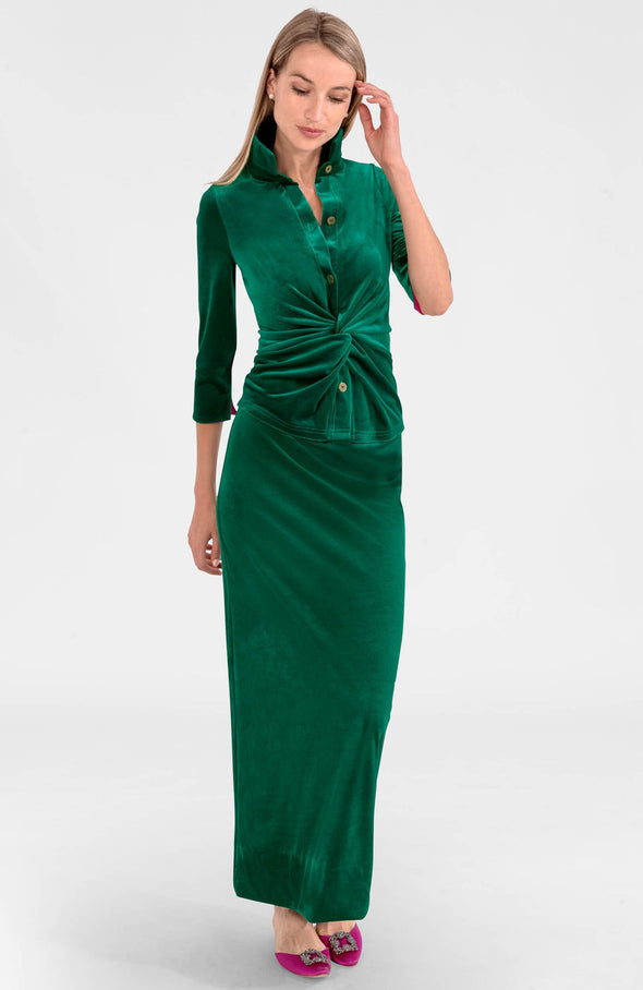 Full body view of the Gretchen Scott Twist & Shout Top - Silky Velvet - Green