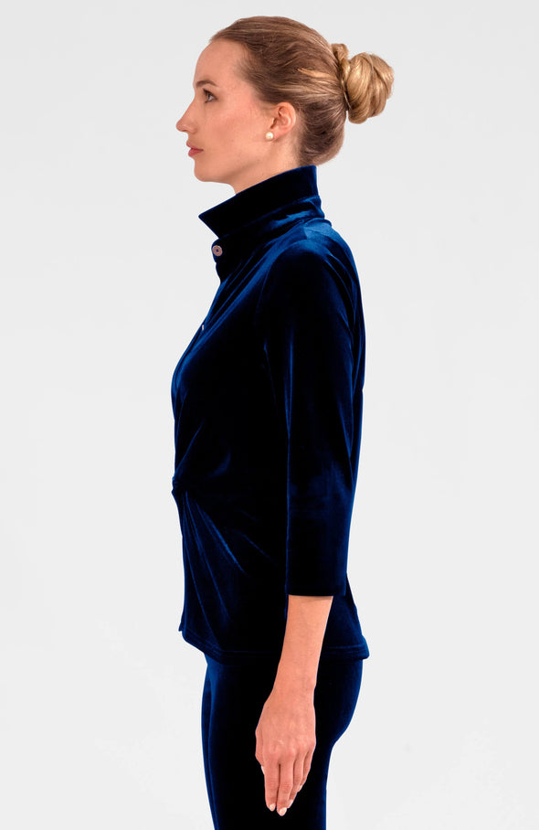 Side view of the Gretchen Scott Twist & Shout Top - Silky Velvet - Navy