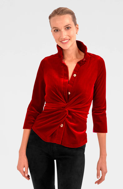 Model in the Gretchen Scott Twist & Shout Top - Silky Velvet - Crimson