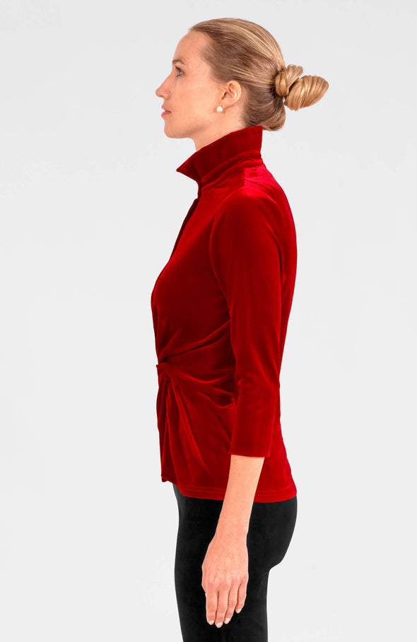 Side view of the Gretchen Scott Twist & Shout Top - Silky Velvet - Crimson