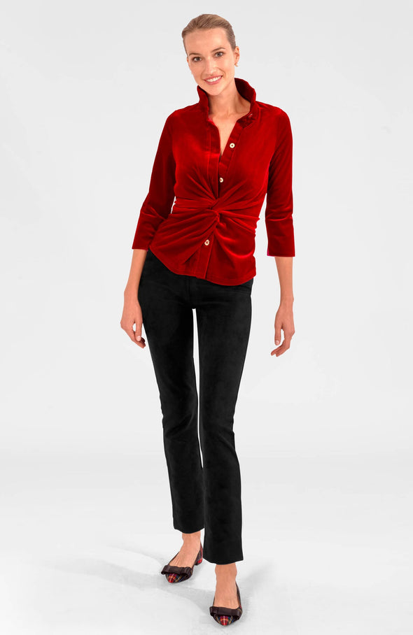 Model in the Gretchen Scott Twist & Shout Top - Silky Velvet - Crimson