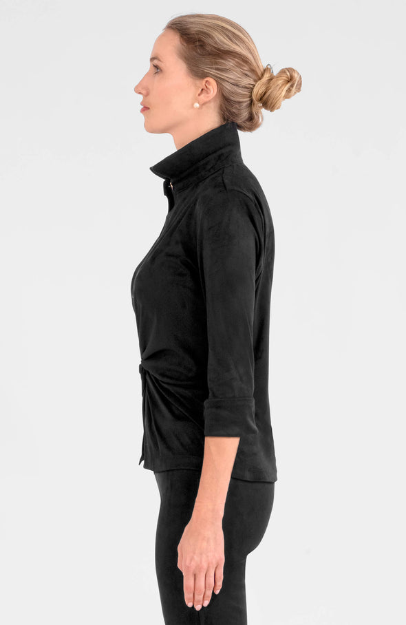 Side view of the Gretchen Scott Twist and Shout top in Ultra suede black